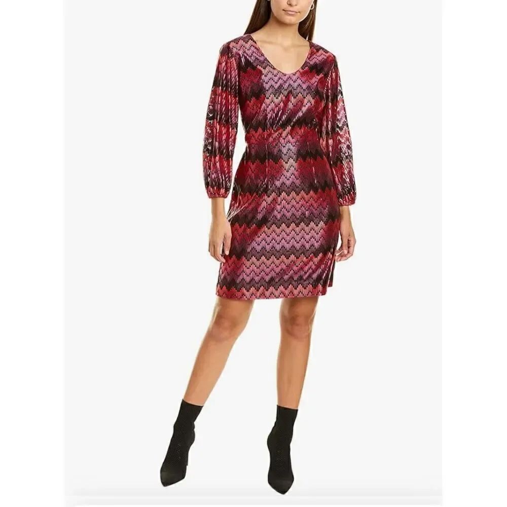 Trina Turk 4 Long Sleeve Texture Zig Zag Cocktail Dress Cherry Red Maroon Pink